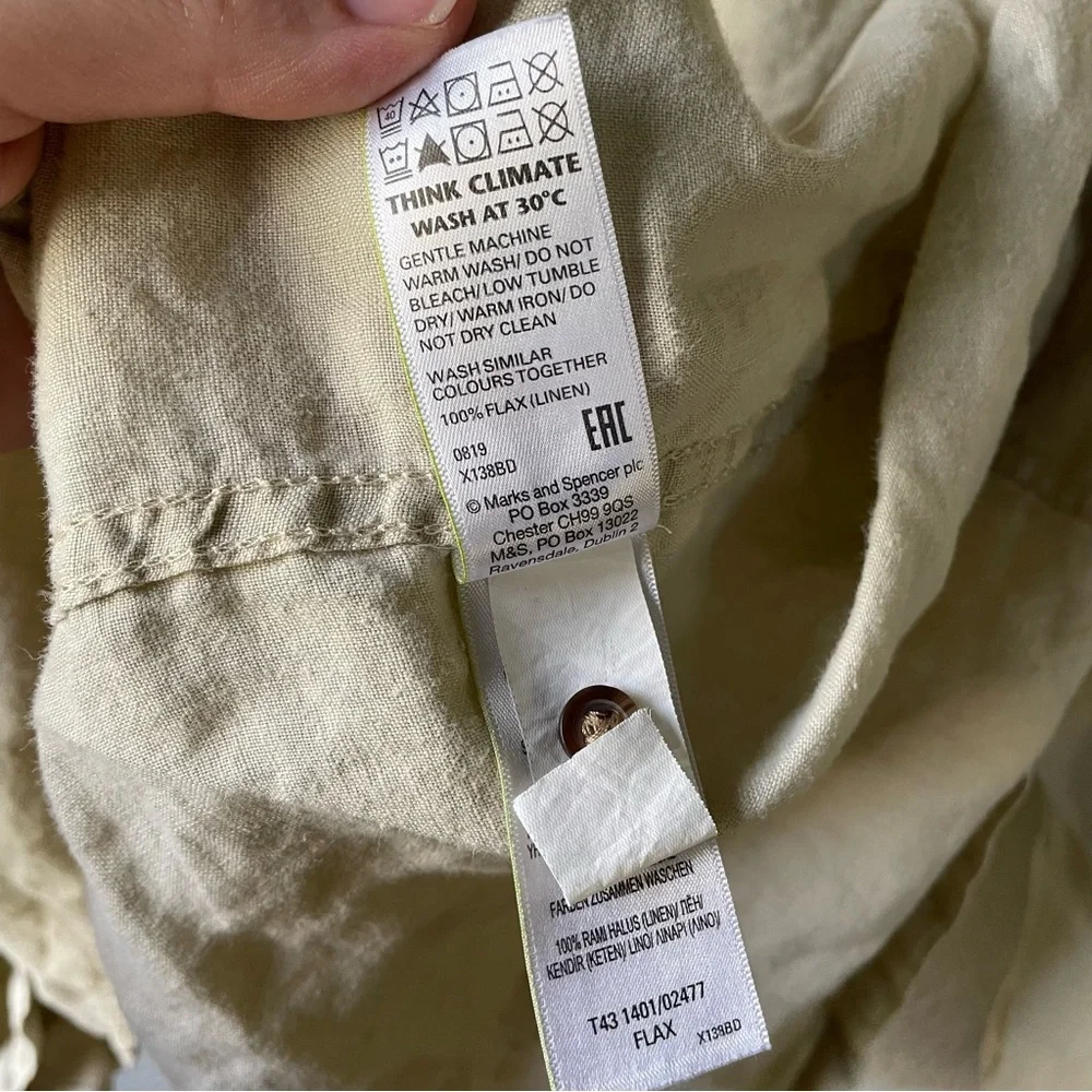 M&S Pure Linen Womens 12 100% Flax Beige Casual Button Down Shirt Boho Coastal